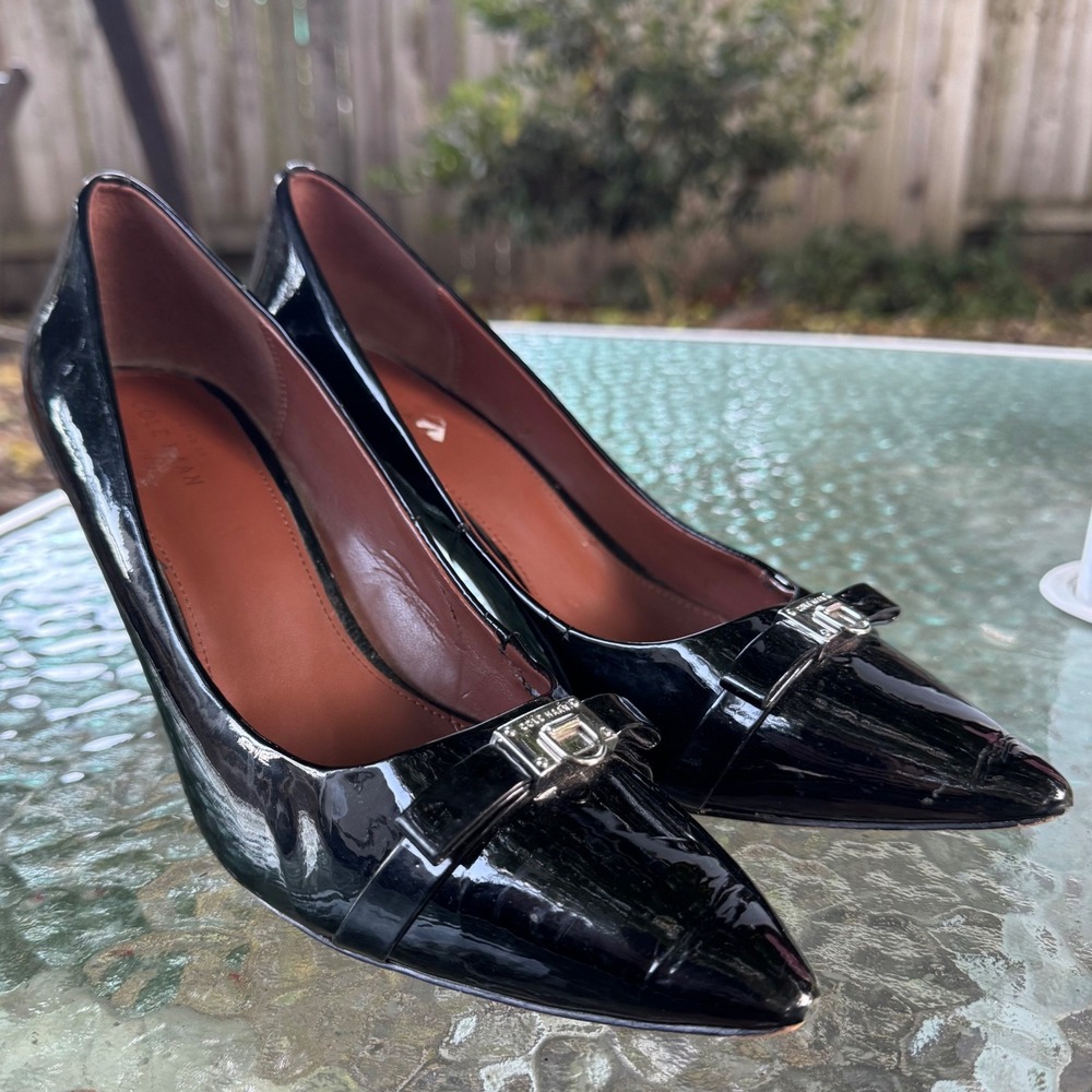 Cole Haan Black Patent Leather Bow Pointed Toe Pumps W02387 Mens 8.5 B